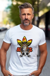 Bărbat purtând un tricou alb cu un design animat ce înfățișează un personaj în stil hip-hop, stând pe un casetofon și purtând o pălărie, alături de logo-ul Adidas cu un design colorat galben și portocaliu.