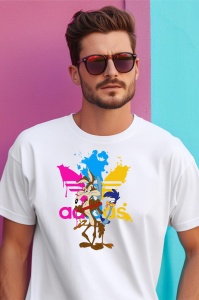 Bărbat cu ochelari de soare, purtând un tricou alb cu un design colorat ce include personaje animate (Wile E. Coyote și Road Runner) și pete de vopsea colorată roz, albastru și galben, pe fundal roz și albastru.