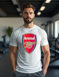 Bărbat purtând un tricou alb cu emblema echipei de fotbal Arsenal FC. Logo-ul Arsenal este plasat în centrul tricoului și constă într-un scut cu margine aurie. În partea de sus a scutului se află textul „Arsenal” scris cu litere albe pe fundal roșu. În ce