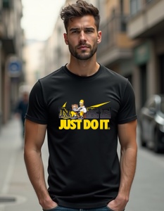 Bărbat purtând un tricou negru cu un design inspirat de Nike. Logo-ul "NIKE" este prezentat cu un stil distinctiv, iar deasupra sa este o ilustrație a unui personaj bine-cunoscut, Homer Simpson, într-o postură relaxată, stând pe canapea și consumând gustă