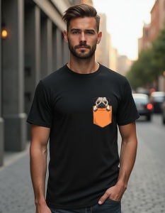 Bărbat purtând un tricou negru cu un design imprimat reprezentând un pug simpatic într-un buzunar portocaliu pe piept.