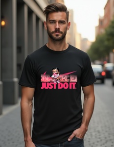 Bărbat îmbrăcat într-un tricou negru cu un design inspirat de Nike, care include textul „NIKE” și sloganul „JUST DO IT.” într-un stil roz vibrant. Deasupra logo-ului apare un personaj animat bine cunoscut(Rich Girl), adăugând un aspect jucăuș și distinct.