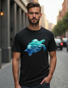 Bărbat purtând un tricou negru cu un design grafic al unei broaște țestoase mari, ilustrată cu detalii ale vieții marine în nuanțe de albastru și verde, simbolizând biodiversitatea oceanică.