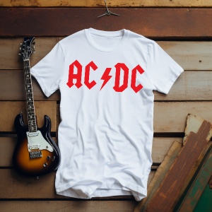 Tricou alb simplu, cu un design iconic al formației AC/DC imprimat în roșu aprins. Logo-ul clasic al trupei este amplasat central, cu fulgerul distinctiv între litere, reprezentând energia și stilul muzical unic al formației. Tricoul este aranjat pe o sup