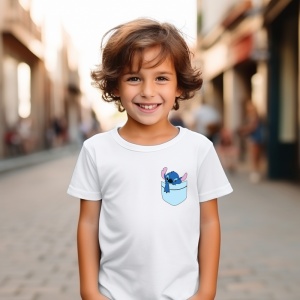 Tricou personalizat pentru copii din bumbac 100% cu imprimeu de buzunar - Stitch din Lilo & Stitch - Cadou perfect pentru fanii Disney - Img 2