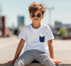 Tricou personalizat pentru copii din bumbac 100% cu imprimeu de buzunar - Snoopy și Woodstock din Peanuts - Cadou perfect pentru iubitorii de animale