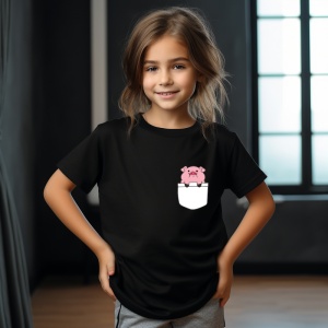 Tricou personalizat pentru copii din bumbac 100% cu imprimeu de buzunar - Purceluș roz simpatic - Tricou amuzant pentru copii - Img 5