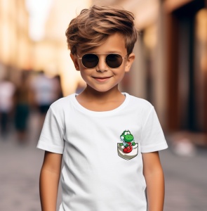 Tricou personalizat pentru copii din bumbac 100% cu imprimeu de buzunar - Yoshi, dinozaurul verde - Tricou pentru fanii Mario