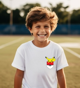 Tricou personalizat pentru copii din bumbac 100% cu Pikachu în buzunar - Tricou tematic Pokemon, Cadou pentru fani Pikachu - Img 2