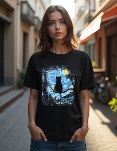 Tricou personalizat pentru dama din bumbac 100% - Cat Starry Night