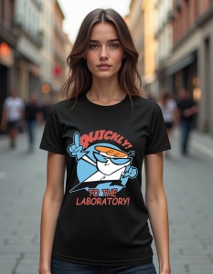 Femeie purtând un tricou negru cu un design de personaj animat(Dexter) cu ochelari, păr portocaliu și mesajul 'Quickly! To the laboratory!' într-un stil jucăuș