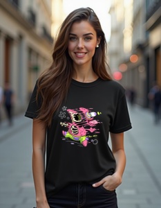Femeie purtând un tricou negru cu un design abstract și colorat al unui personaj stilizat în mișcare, cu detalii grafice vibrante și expresii jucăușe