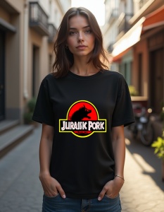 Tricou personalizat pentru dama din bumbac 100% - Jurrasic Pork - Img 2