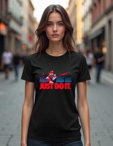 Tricou negru purtat de o femeie, având un design pe piept ce include logo-ul 'Nike' în culori albastre și roșii, alături de sloganul 'Just Do It' scris cu litere roșii. Deasupra logo-ului apare un personaj animat stilizat, ceea ce conferă un aer jucăuș și