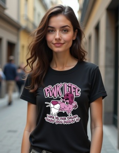 Femeie purtând un tricou negru cu un design de personaj animat roz și textul 'Pink Life - Life is the color that you paint it'