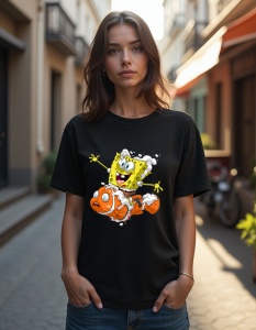 Femeie purtând un tricou negru cu un design de personaje animate, unul galben și bucuros și celălalt un pește portocaliu surprins