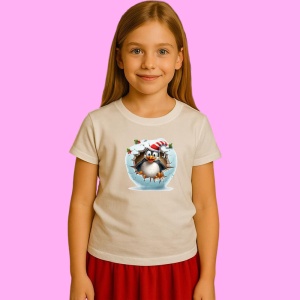 Tricou Pinguin Cu Fundal Gri Si Caciula In Dungi Craciun, din bumbac 100% Copii | Dama | Barbat - Img 3