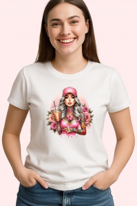 Tricou pink drink cap girl with roses, fata cu bautura roz sapca si trandafiri, Copii | Dama | Barbat