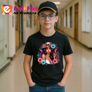 Tricou Pink hat floral lady, doamna cu palarie roz si flori, Copii | Dama | Barbat , tricou negru - Img 6