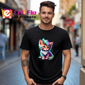 Tricou Pisica alba albastra cu detalii curcubeu si fundita Copii | Dama | Barbat, culoare negru - Img 6