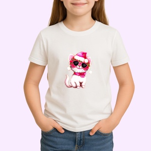 Tricou Pisica alba cu caciula si soseta rosie fundal alb Copii | Dama | Barbat - Img 4