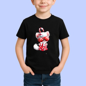 Tricou Pisica alba cu cadou si ochelari de Craciun Copii | Dama | Barbat, culoare negru - Img 4