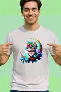 Tricou Pisica alba cu flori albastre si ochelari fundal alb Copii | Dama | Barbat - Img 2