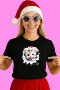 Tricou Pisica Alba Cu Fular Rosu Craciun, din bumbac 100% Copii | Dama | Barbat - Img 3