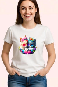 Tricou Pisica alba cu ochelari si flori mov pe luna Copii | Dama | Barbat - Img 3