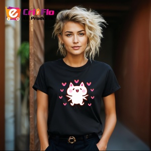 Tricou Pisica Alba Fericita Inimioare, din bumbac 100%, tricou negru, Dama | Barbat - Img 6
