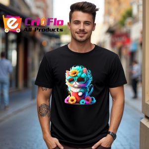 Tricou Pisica albastra cu inima si flori galbene Copii | Dama | Barbat, culoare negru - Img 6