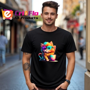 Tricou Pisica colorata cu ochelari si cana portocalie Copii | Dama | Barbat, culoare negru - Img 6