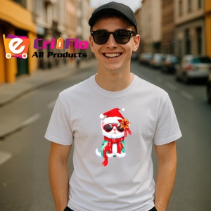 Tricou Pisica Craciun cu baston rosu si esarfa cu buline Copii | Dama | Barbat - Img 5