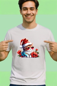 Tricou Pisica Craciun cu caciula rosie si fundal negru Copii | Dama | Barbat