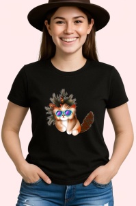 Tricou Pisica Craciun cu ochelari si coada pufoasa Copii | Dama | Barbat, culoare negru - Img 3