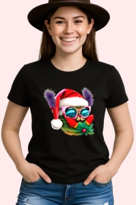 Tricou Pisica Craciun cu ochelari si fundal alb pur Copii | Dama | Barbat, culoare negru - Img 3