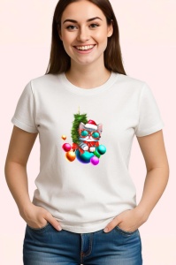 Tricou Pisica Craciun in caciula cu globuri roz si albastre Copii | Dama | Barbat - Img 3