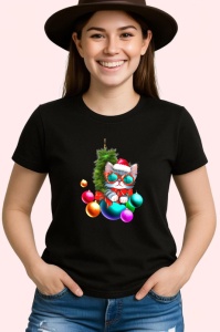 Tricou Pisica Craciun in caciula cu globuri roz si albastre Copii | Dama | Barbat, culoare negru - Img 3
