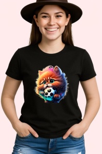 Tricou Pisica cu blana lunga tinand minge alb negru Copii | Dama | Barbat, culoare negru - Img 3
