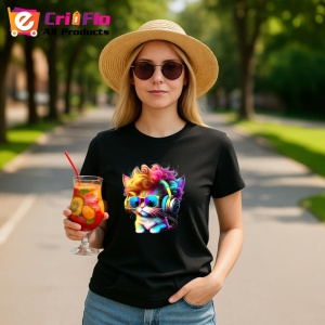 Tricou Pisica cu bucle aurii si casti pop art Copii | Dama | Barbat, culoare negru - Img 8