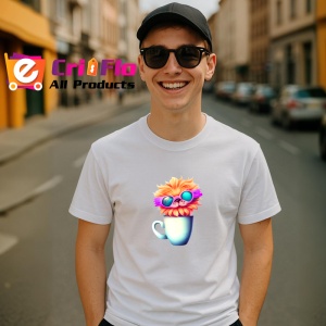 Tricou Pisica cu cana alba si flori colorate in par Copii | Dama | Barbat - Img 5