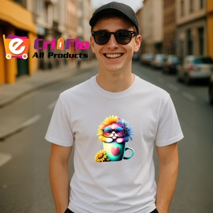 Tricou Pisica cu cana de cafea si ochelari albastri Copii | Dama | Barbat