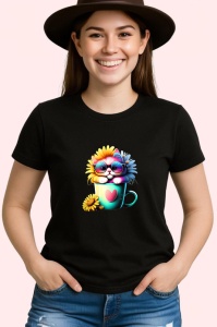 Tricou Pisica cu cana de cafea si ochelari albastri Copii | Dama | Barbat, culoare negru - Img 3