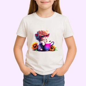 Tricou Pisica cu floare in par si cana violet cu floarea soarelui Copii | Dama | Barbat - Img 4