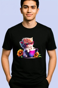 Tricou Pisica cu floare in par si cana violet cu floarea soarelui Copii | Dama | Barbat, culoare negru - Img 2