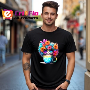 Tricou Pisica cu flori in par si cana cu buline fundal alb Copii | Dama | Barbat, culoare negru - Img 6