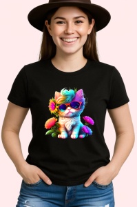 Tricou Pisica cu flori si ochelari mari fundal negru Copii | Dama | Barbat, culoare negru - Img 3