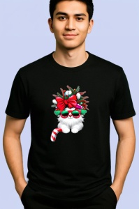 Tricou Pisica cu fundal brad si fundita mare rosie Copii | Dama | Barbat, culoare negru - Img 2