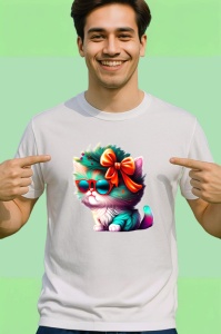 Tricou Pisica cu fundita rosie si blana curcubeu Copii | Dama | Barbat - Img 2