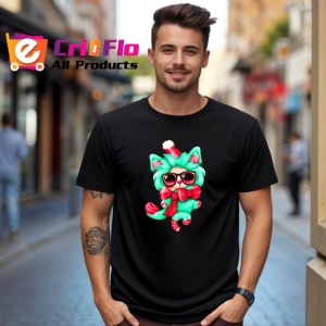 Tricou Pisica cu fundita verde si baston de zahar rosu Copii | Dama | Barbat, culoare negru - Img 6